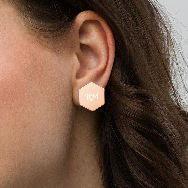 RM Sterling Silver Hexagon Stud Earrings