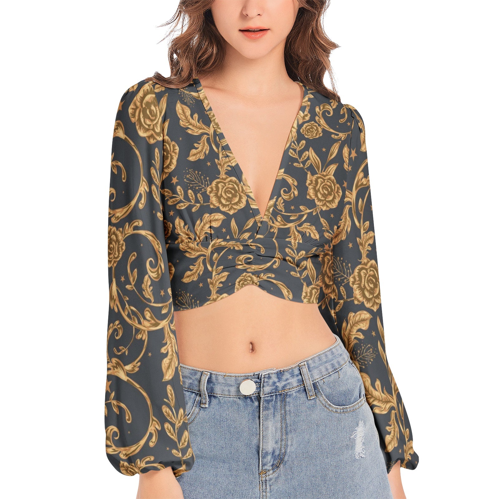 Women's Deep V-Neck Lantern Sleeve Crop Top