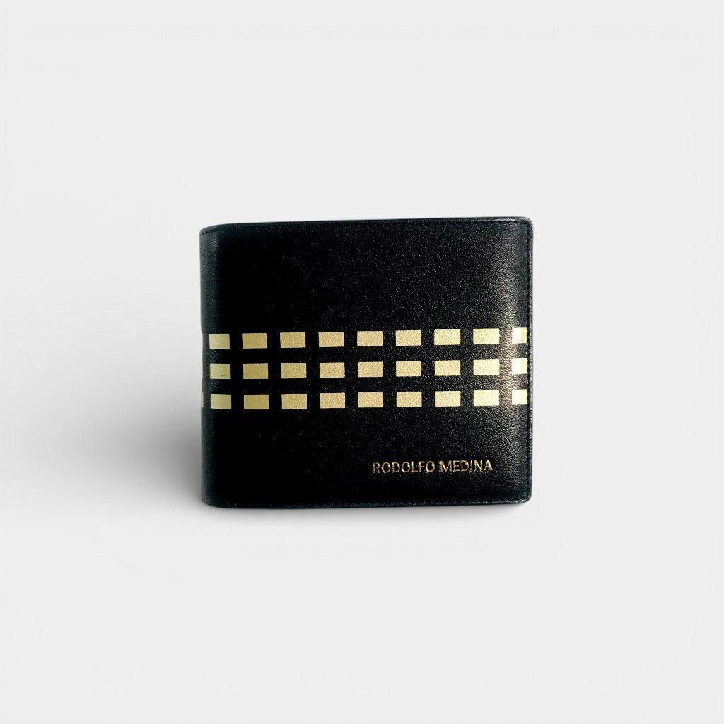 Black leather wallet with gold checkered pattern on a light gray background
