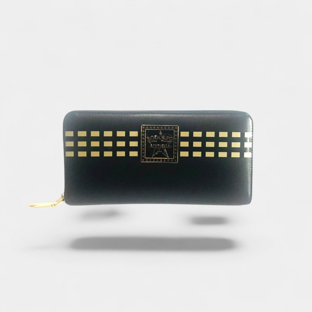 Black wallet with gold checkered pattern and brand logo on a light gray background