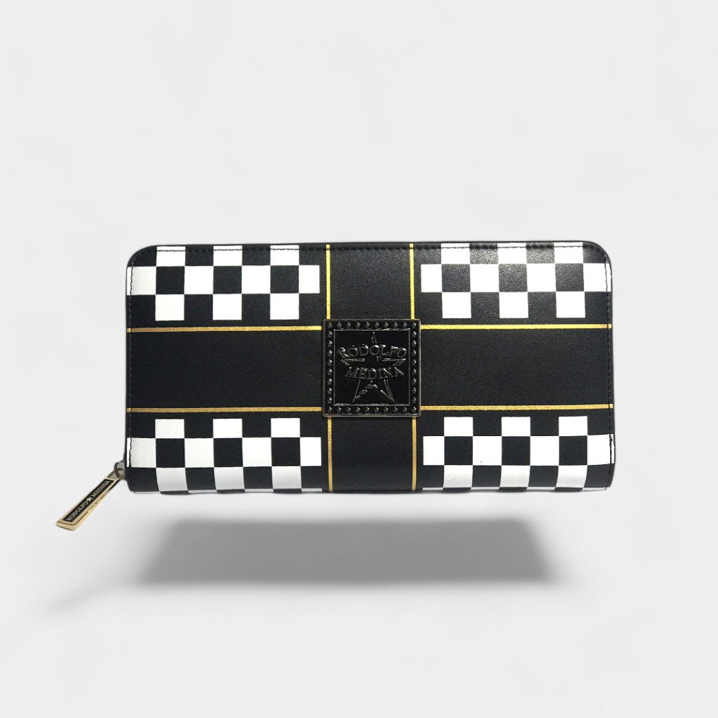 Black and white checkered wallet with a brand logo on a light gray background