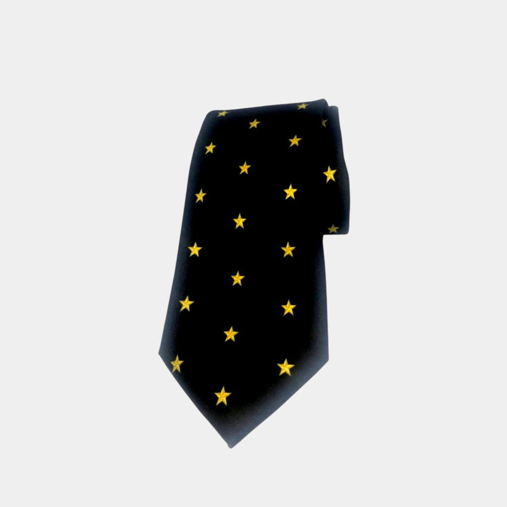 Black tie with yellow star patterns on a light gray background