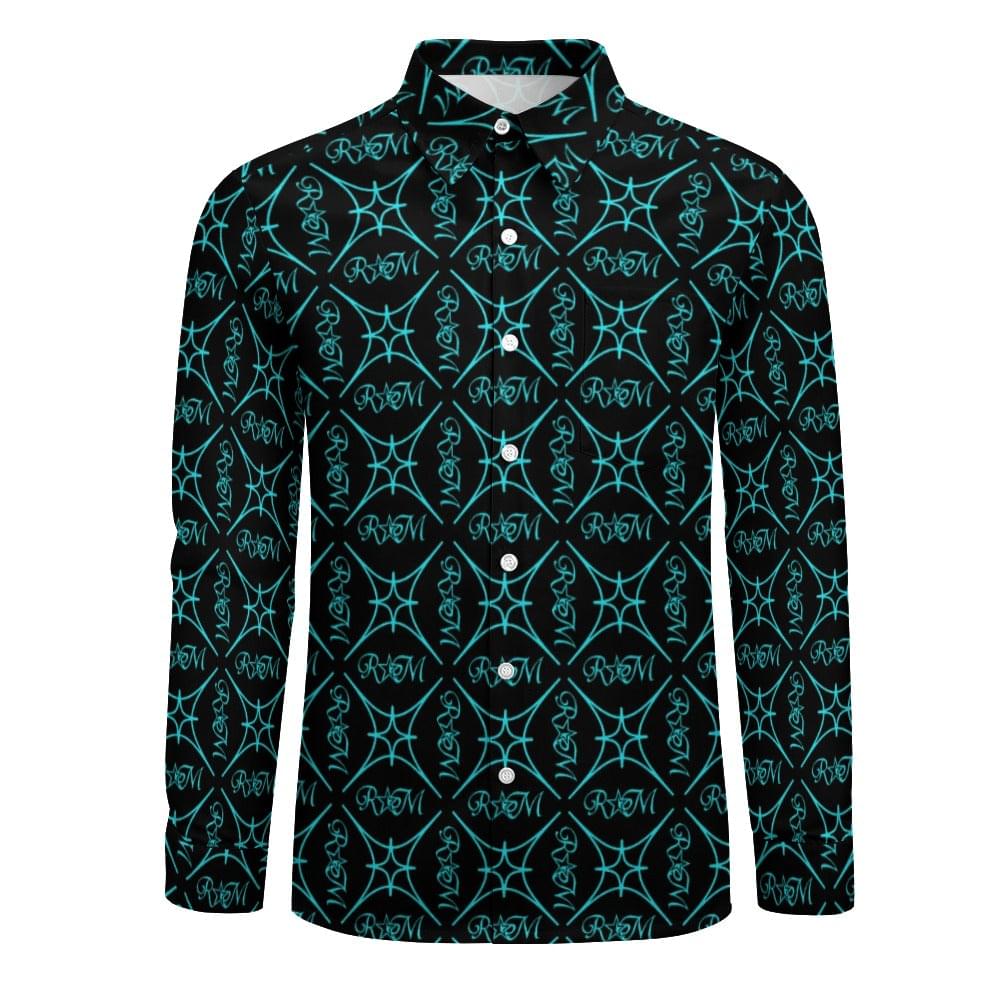 Aqua BLK  Casual One Pocket Long Sleeve Shirt