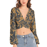 Women's Deep V-Neck Lantern Sleeve Crop Top