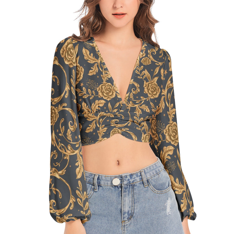 Women's Deep V-Neck Lantern Sleeve Crop Top