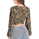 Women's Deep V-Neck Lantern Sleeve Crop Top